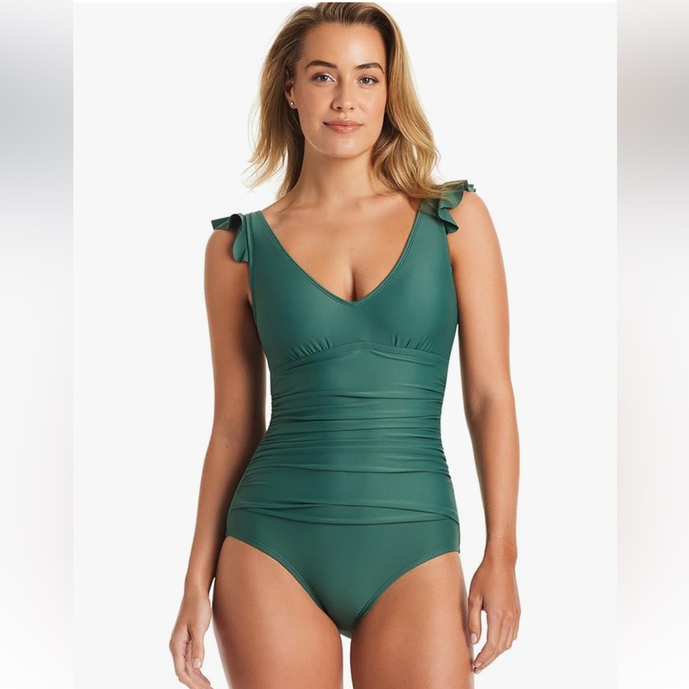 Ellen Tracy Flutter Sleeve Scoop Neck One Piece Swimsuit Ruched Dark Sage Size14